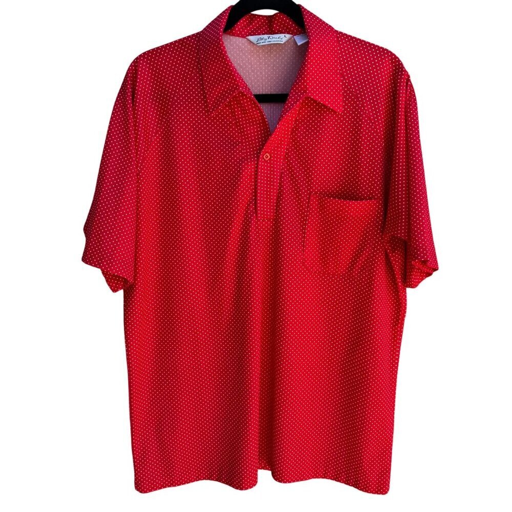Lilly Dache Vintage 70s 80s Red Polka Dot Short Sleeve‎ Disco Knit Polo Shirt L
